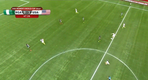 Megan Rapinoe playes a well-weighted ball over the top to Alex Morgan.