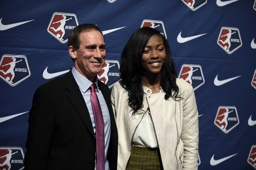 Jim Gabarra and Cheyna Williams at the 2016 NWSL College Draft