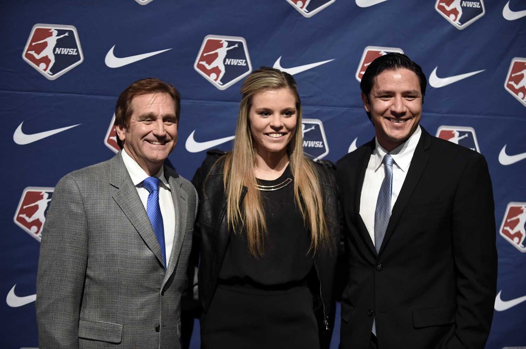 Randy Waldrum and Rachel Daly at the 2016 NWSL College Draft.