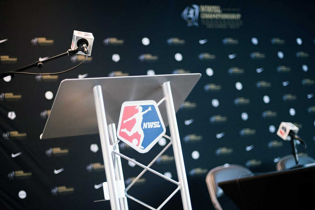 Podium at the 2017 NWSL Media Day in Orlando, Florida. (Monica Simoes)