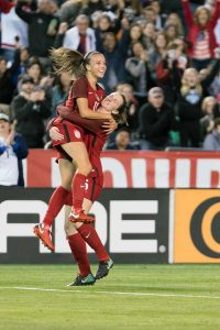 Mallory Pugh and Andi Sullivan celebrate a goal. (Manette Gonzales)