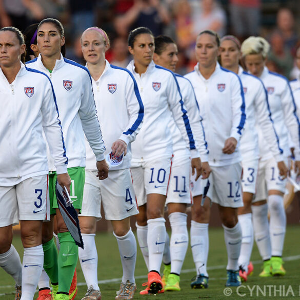 The U.S. Women's National Team lining up for introductions and national anthems before the friendly between the United States and Switzerland on August 20, 2014, in Cary, N.C.