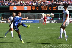 Alex Morgan gets a shot off during a friendly agains New Zealand at Busch Stadium.