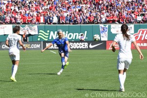 U.S. defender Julie Johnston clears the ball against New Zealand.