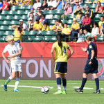 The USA's Megan Rapinoe reacts to the referee's call.