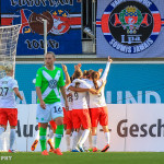 PSG celebrates its second goal during first leg of one semifinal of the 2015 UEFA Women's Champions League.