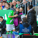 Martina Müller (WOB) reacts as Selina Wagner comforts her after being subbed out. It was Müller last home game with VfL Wolfsburg after announcing her retirement in April 2015.