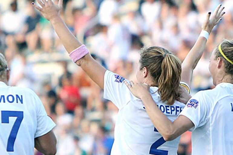 Kyah Simon, Katie Schoepfer, and Julie King of the Boston Breakers.