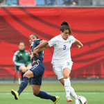 Elodie Thomis and Claire Rafferty (3) battle for the ball.