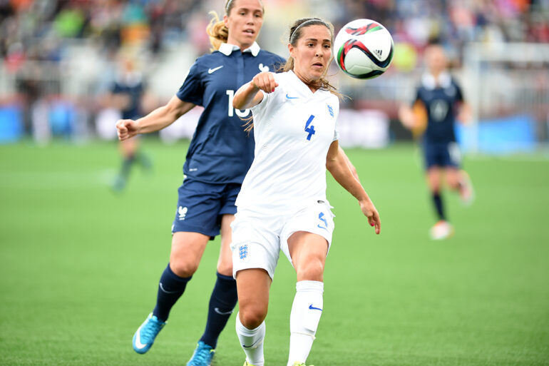 England's Fara Williams (4) and France's Camille Abily.