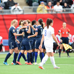 France celebrates after Eugénie Le Sommer scored in the 28th minute in a Group F opening-round match in Moncton.