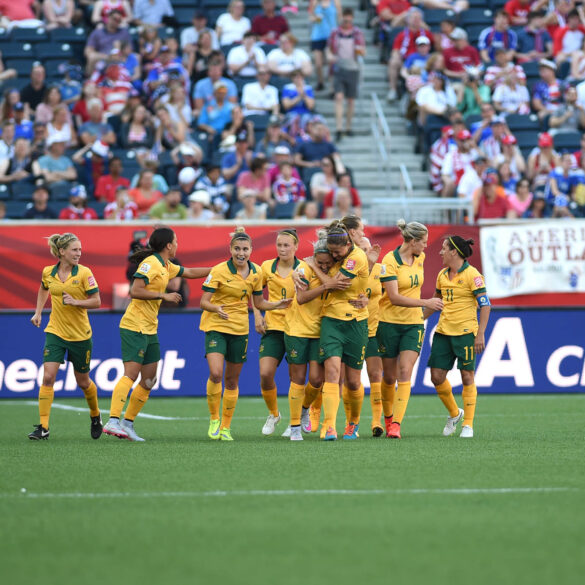 Australia celebrates Kyah Simon's second-half goal in a Group D match against Nigeria.