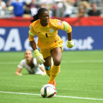 Nigeria's Precious Dede just after denying USA's Alex Morgan.