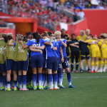 USA and Sweden squads before a Group D match during the 2015 FIFA Women's World Cup in Winnipeg, Manitoba.