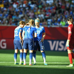 USA's defense huddles before the match against Sweden.