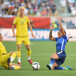 Sweden's Lina Nilsson and USA's Sydney Leroux going for the ball.