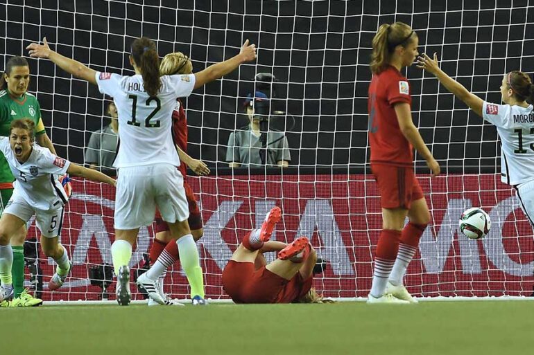 The U.S. celebrates Kelley O'Hara's goal against Germany in a Wormen's World Cup semifinal.