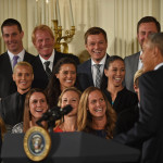 Ashlyn Harris, Ali Krieger, Shannon Boxx, Whitney Engen, Heather O'Reilly, Amy Rodriguez, and Christie Rampone at the White House.