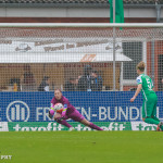 SV Werder Bremen's Jennifer Martens stops a shot from FFC Frankfurt's Kerstin Garefrekes.
