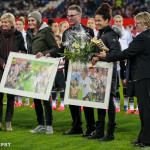 Nadine Angerer and Célia Šašić, both of whom retired this year, are honored before the game.