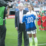 Alex Morgan is honored for her 100th cap before the match against Ireland on January 23, 2016.