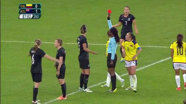 New Zealand's Abby Erceg is shown a red card agains Colombia.