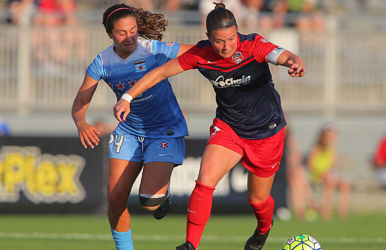 Danielle Colaprico (Chicago) and Chrsitine Nairn (Washington) battle for the ball. (NWSL)