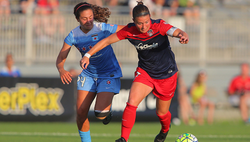 Danielle Colaprico (Chicago) and Chrsitine Nairn (Washington) battle for the ball. (NWSL)