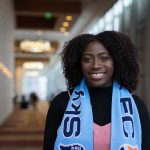 Miranda (Mandy) Freeman, the No. 10 overall pick, at the 2017 NWSL College Draft. (Manette Gonzales/OGM)