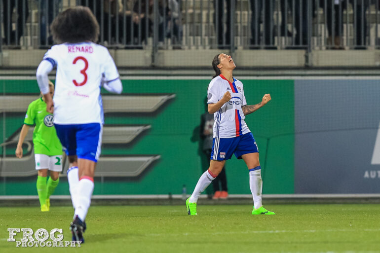 Dzsenifer Marozsán reacts after scoring Lyon's second goal.