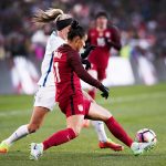 Ali Krieger defends against England during the 2017 SheBelieves Cup.