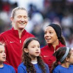 Sam Mewis and Mallory Pugh during lineup introductions at the 2017 SheBelieves Cup.