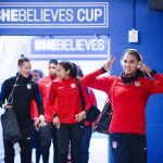 Alex Morgan and USWNT team members heading to training during the SheBelieves Cup.