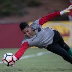 Adrianna Franch makes a save during warm-ups (Shane Lardinois).