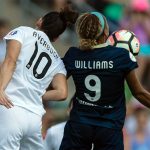 Yael Averbuch and Lynn Williams battle for the ball. (Shane Lardinois)