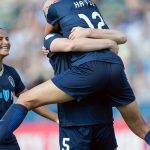 Ashley Hatch celebrating her first professional goal with Sam Mewis. (Shane Lardinois)