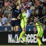 Sam Mewis and Lindsay Elston in an air battle. (Shane Lardinois)