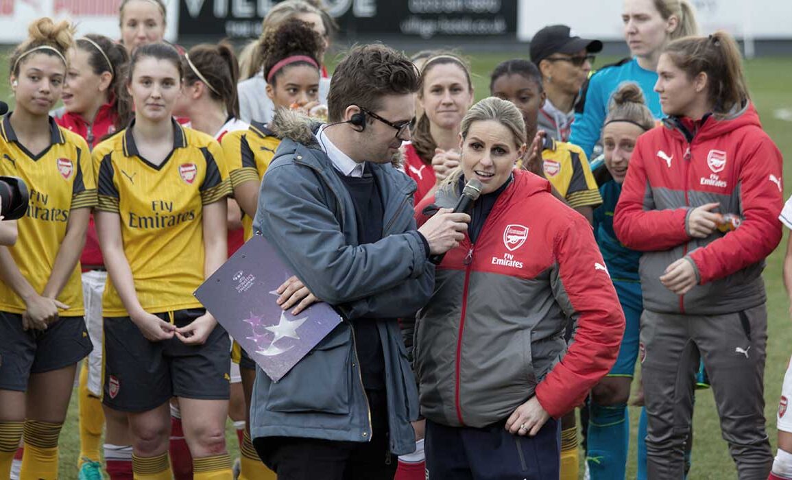 Kelly Smith speaking after her testimonial match. (Katie Chan, wiki commons)