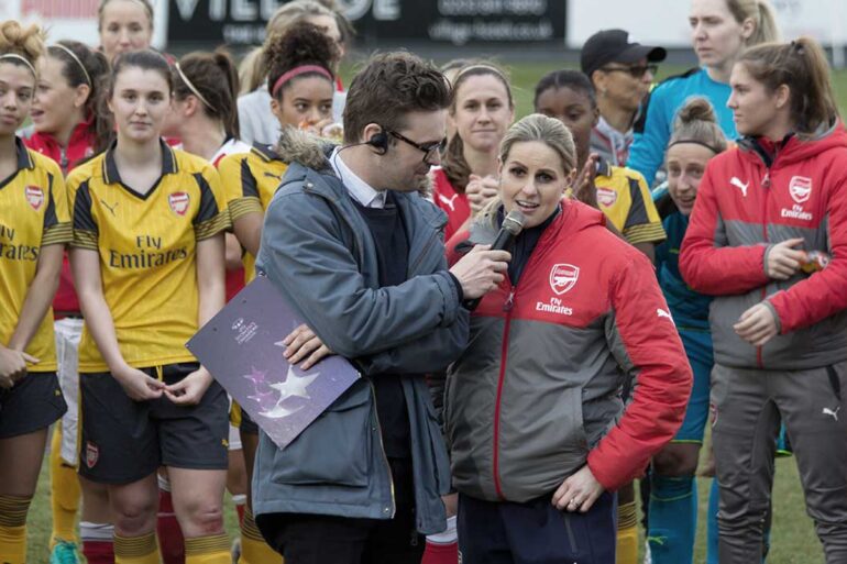 Kelly Smith speaking after her testimonial match. (Katie Chan, wiki commons)
