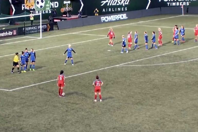 screenshot of free kick in portland game against seattle