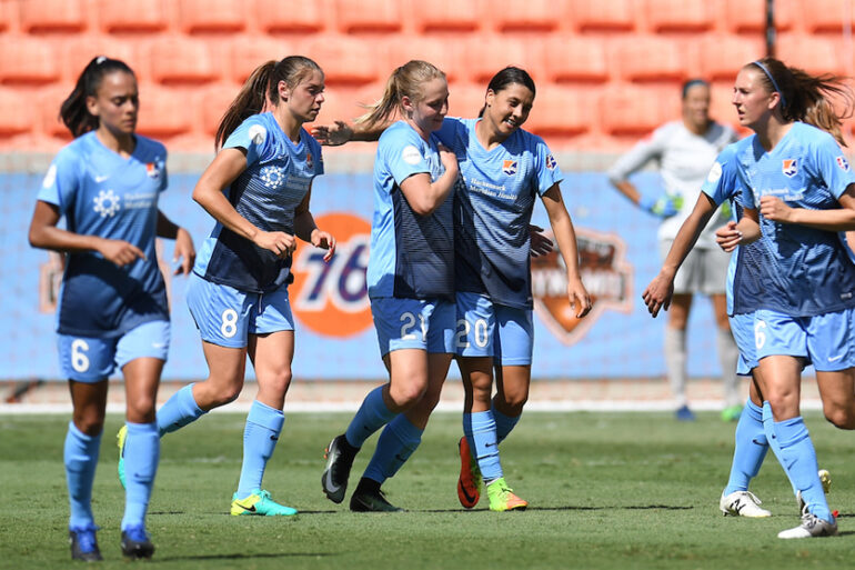 Sky Blue FC celebration aftert scoring. (Sky Blue FC)