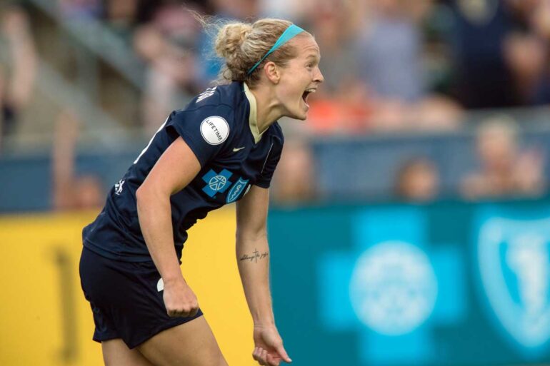 Kristen Hamilton celebrates scoring one of her two goals. (Shane Lardinois)