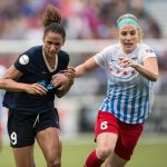 Lynn Williams not really feeling the shirt grab by Julie Ertz. (Shane Lardinois)