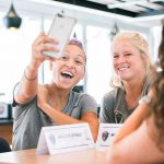 Jaelene Hinkle and Makenzy Doniak taking a selfie during 2017 NWSL Media Day. (Monica Simoes)