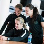 Ashleigh Sykes, Lindsey Horan, and Hayley Raso taking a selfie during 2017 NWSL Media Day. (Monica Simoes)