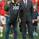 Hope Solo is honored for earning 200 caps before a friendly against Denmark on January 21, 2018. (Manette Gonzales)