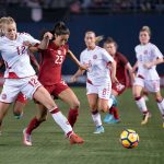 Stine Larsen and Christen Press vie for the ball. (Manette Gonzales)