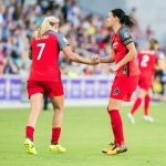 Christine Sinclair congratulates Lindsey Horan after Horan's goal puts the Thorns up, 1-0. (Monica Simoes)