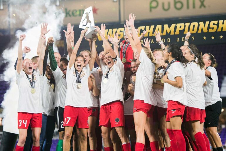 The Portland Thorns celebrating their 2017 NWSL Championship. (Monica Simoes)