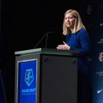 Amanda Duffy, acting commissioner of the NWSL, at the 2018 NWSL College Draft.